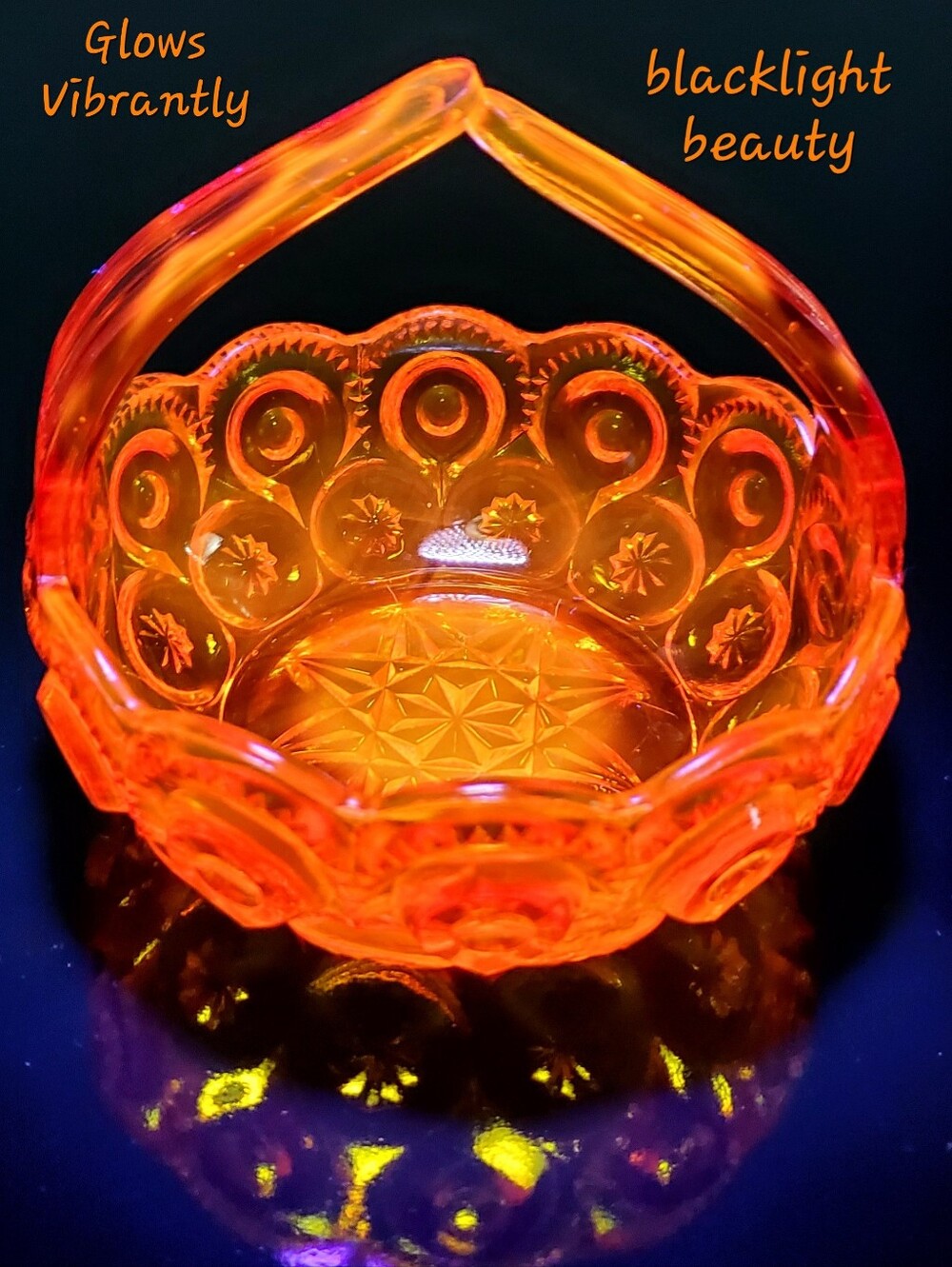 GLOWING Fire Amberina Moon & Star Split Handle Art Glass Basket - Picture 3 of 16